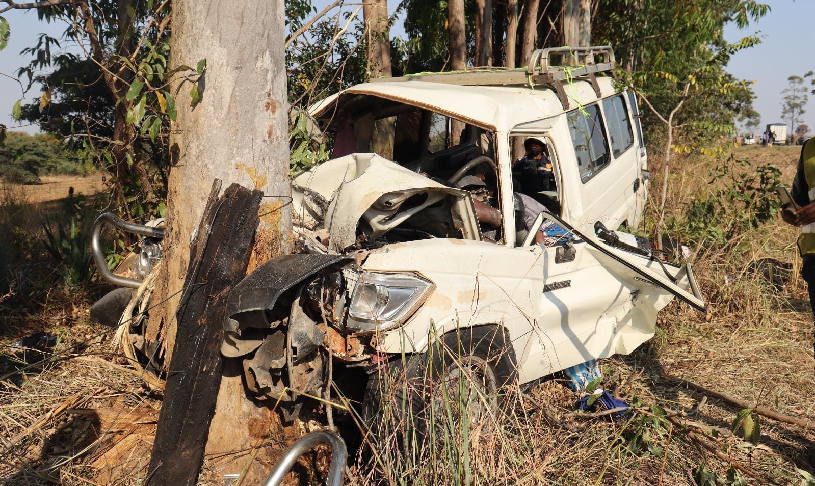 Local do acidente na Estrada Nacional 120, no Huambo, onde Toyota Land Cruiser colidiu contra eucalipto, causando 10 mortes"